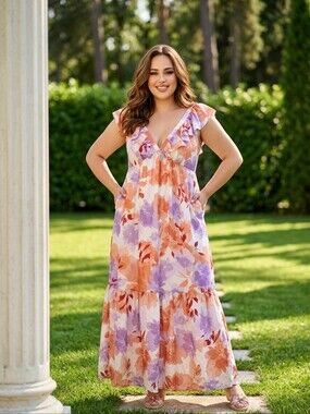 First Love Peach & Lavender Floral Maxi Dress with V-Neck